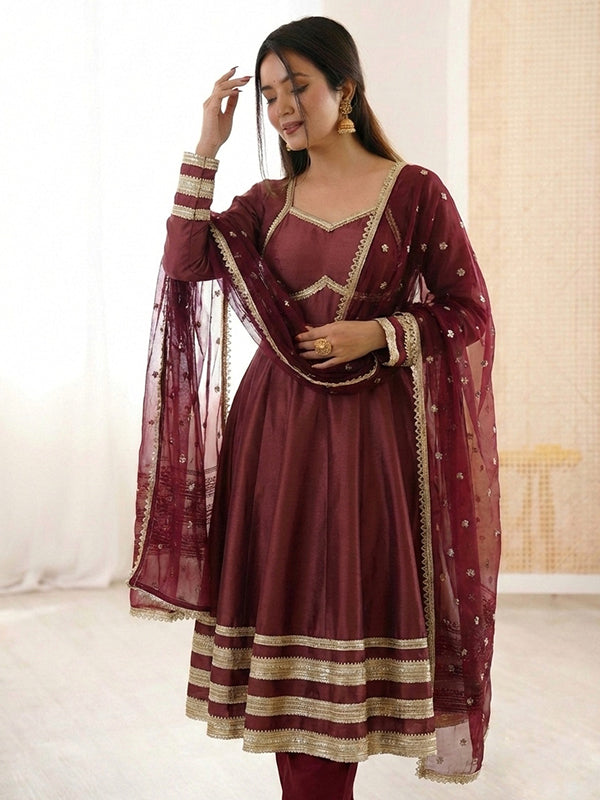 Maroon Heavy Lace Work Cosmos Gold Anarkali Gown With Dupatta