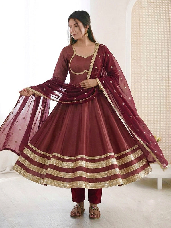 Maroon Heavy Lace Work Cosmos Gold Anarkali Gown With Dupatta