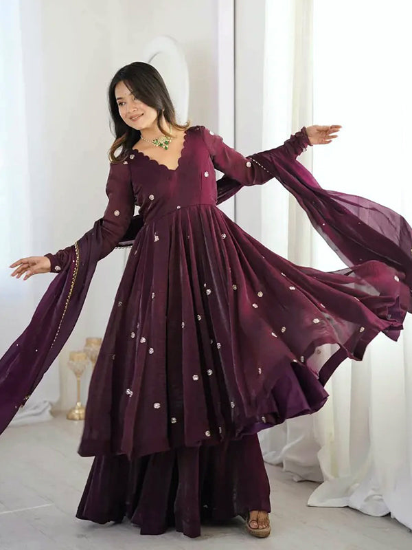 Wine Embroidery Sequence Work Crunchy Silk Gown With Dupatta