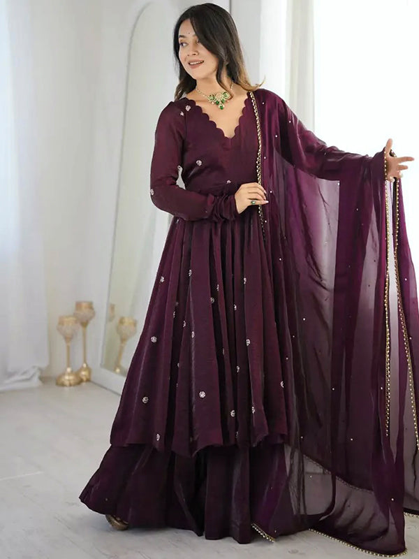 Wine Embroidery Sequence Work Crunchy Silk Gown With Dupatta
