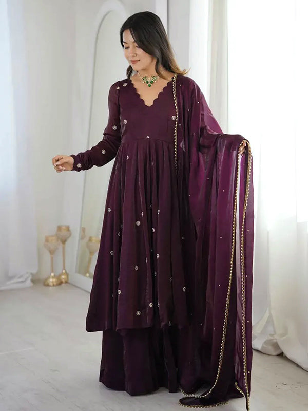 Wine Embroidery Sequence Work Crunchy Silk Gown With Dupatta