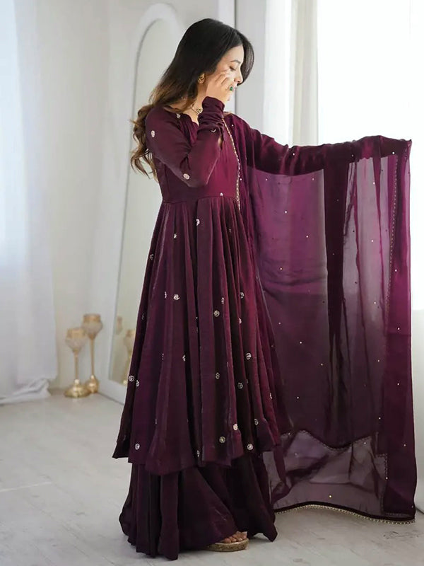 Wine Embroidery Sequence Work Crunchy Silk Gown With Dupatta