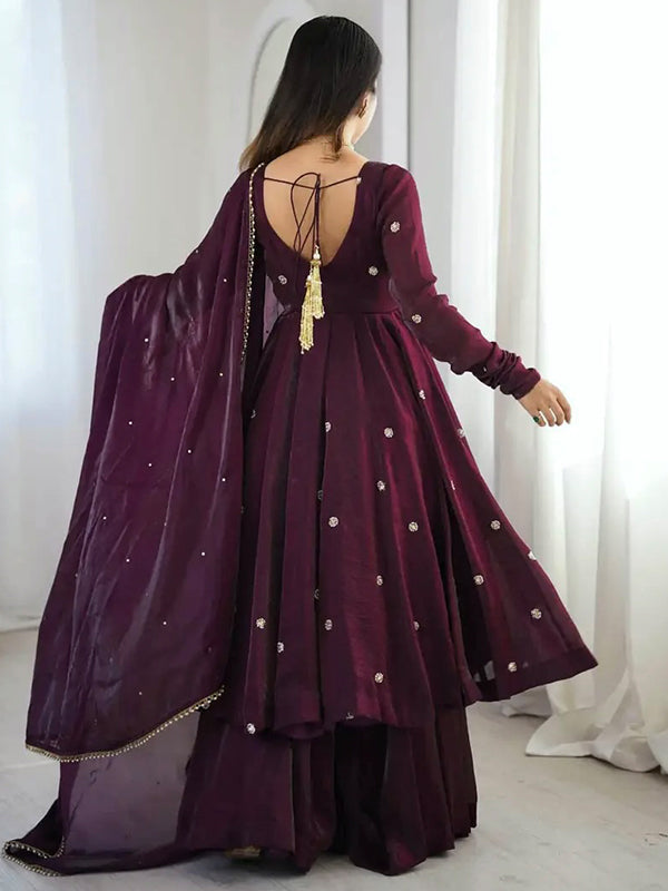 Wine Embroidery Sequence Work Crunchy Silk Gown With Dupatta