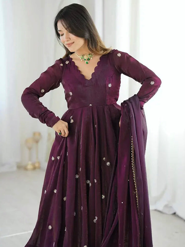 Wine Embroidery Sequence Work Crunchy Silk Gown With Dupatta