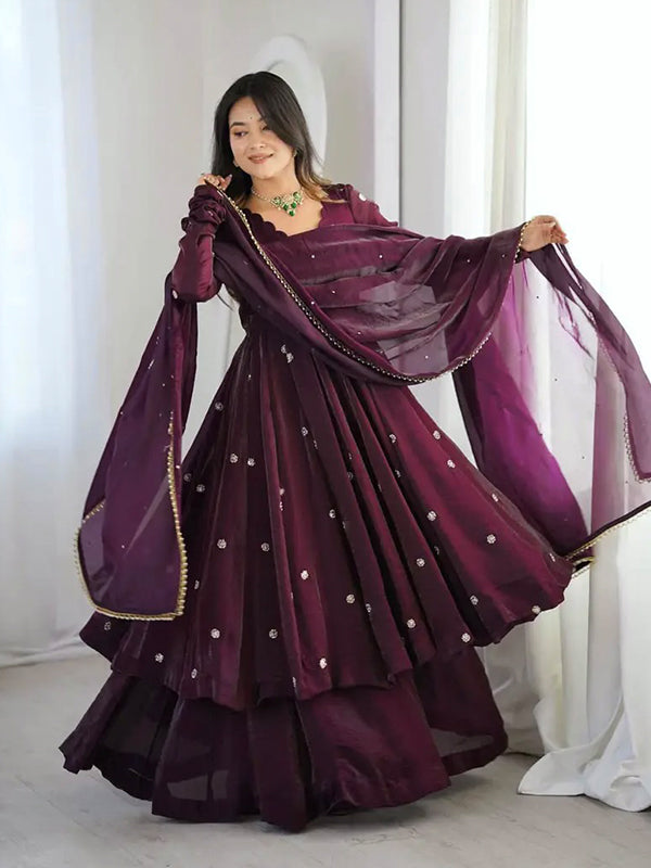 Wine Embroidery Sequence Work Crunchy Silk Gown With Dupatta