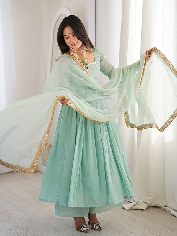 Pastel Blue Faux Georgette Anarkali Gown With Kota Chex Dupatta