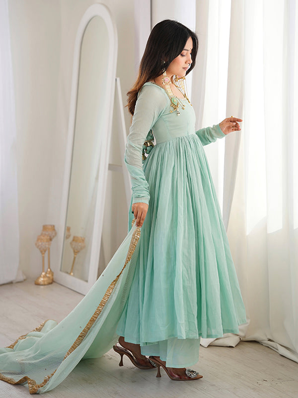 Pastel Blue Faux Georgette Anarkali Gown With Kota Chex Dupatta