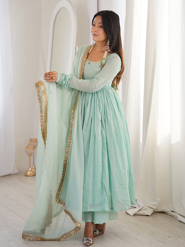 Pastel Blue Faux Georgette Anarkali Gown With Kota Chex Dupatta