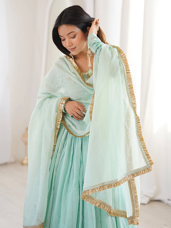 Pastel Blue Faux Georgette Anarkali Gown With Kota Chex Dupatta