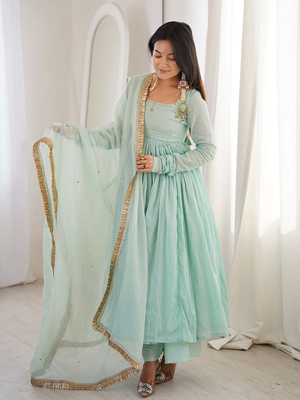 Pastel Blue Faux Georgette Anarkali Gown With Kota Chex Dupatta