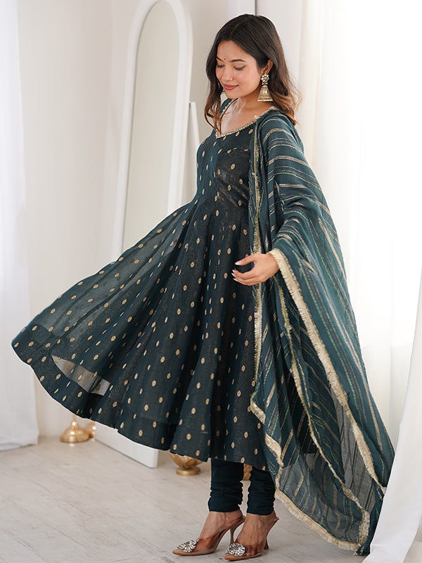 Teal Blue Jacquard Butti Crunchy Silk Anarkali Gown With Dupatta
