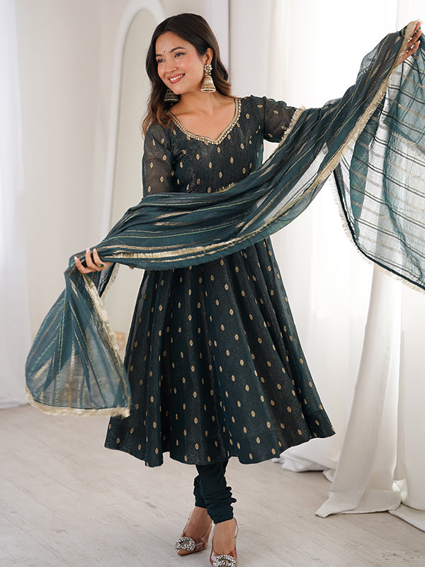 Teal Blue Jacquard Butti Crunchy Silk Anarkali Gown With Dupatta