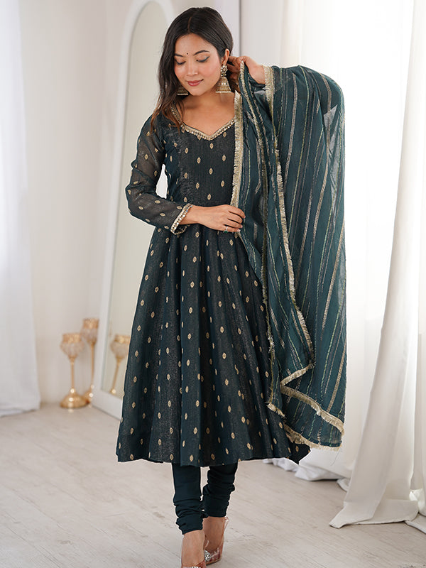 Teal Blue Jacquard Butti Crunchy Silk Anarkali Gown With Dupatta