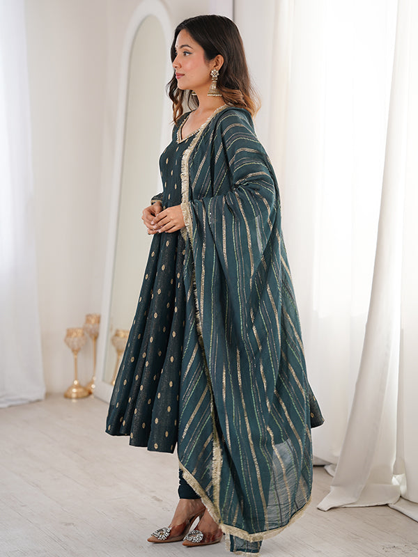 Teal Blue Jacquard Butti Crunchy Silk Anarkali Gown With Dupatta