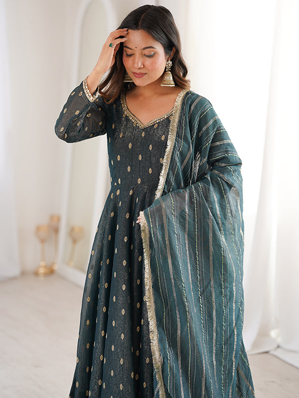 Teal Blue Jacquard Butti Crunchy Silk Anarkali Gown With Dupatta