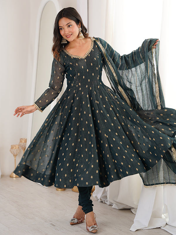 Teal Blue Jacquard Butti Crunchy Silk Anarkali Gown With Dupatta