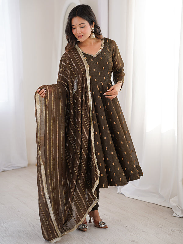 Brown Jacquard Butti Crunchy Silk Anarkali Gown With Dupatta