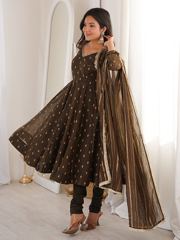 Brown Jacquard Butti Crunchy Silk Anarkali Gown With Dupatta