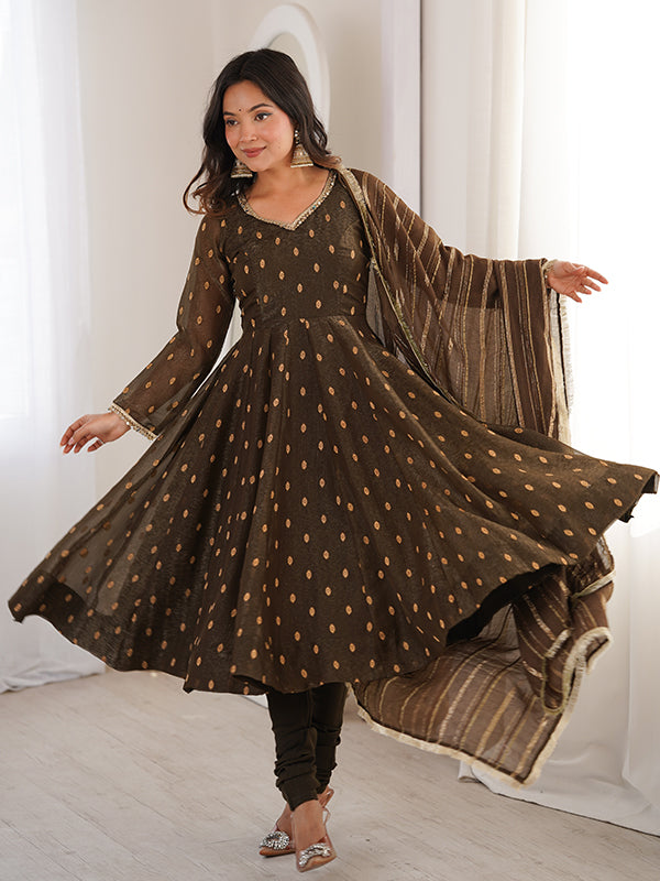 Brown Jacquard Butti Crunchy Silk Anarkali Gown With Dupatta