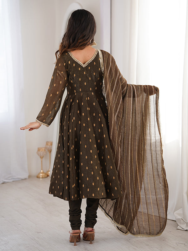 Brown Jacquard Butti Crunchy Silk Anarkali Gown With Dupatta