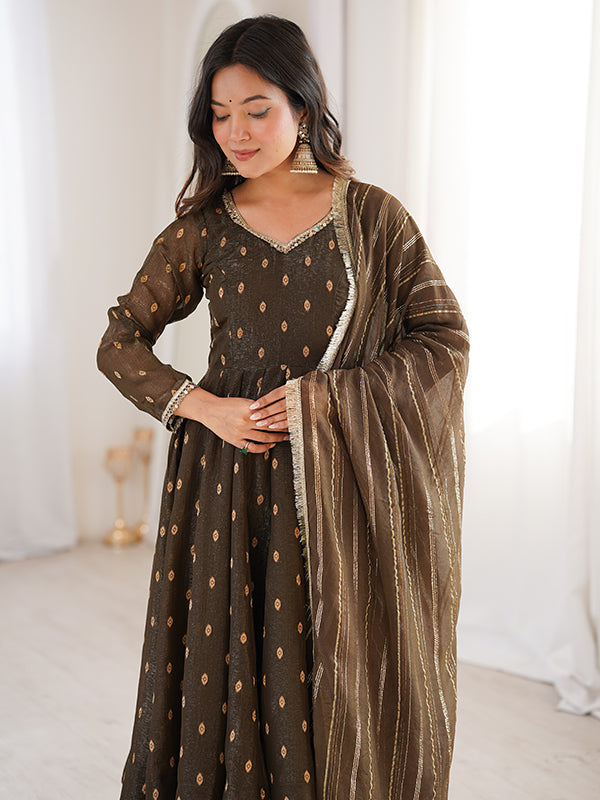 Brown Jacquard Butti Crunchy Silk Anarkali Gown With Dupatta