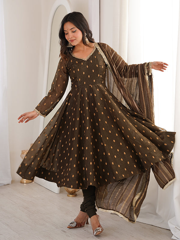 Brown Jacquard Butti Crunchy Silk Anarkali Gown With Dupatta