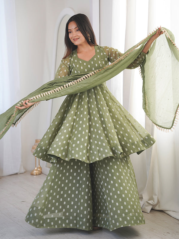 Pista Green Jacquard Butti Crunchy Silk Flared Sharara With Dupatta