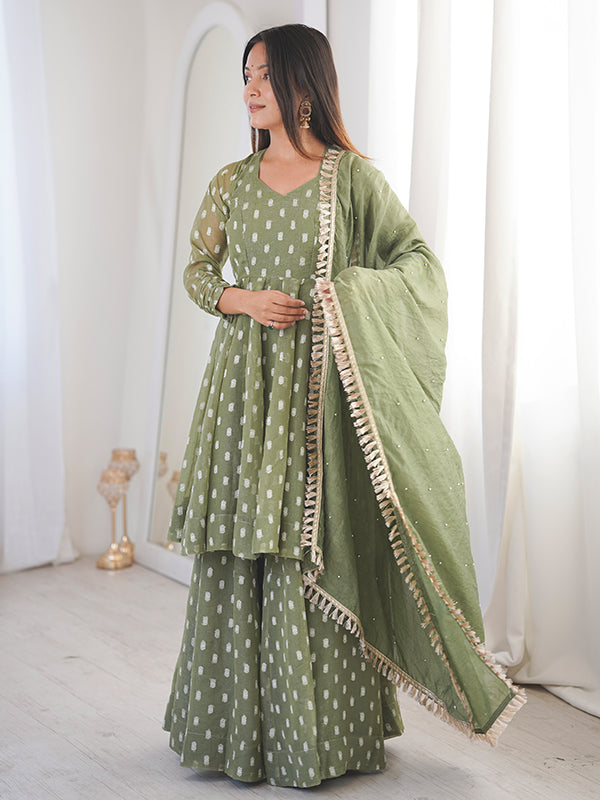Pista Green Jacquard Butti Crunchy Silk Flared Sharara With Dupatta