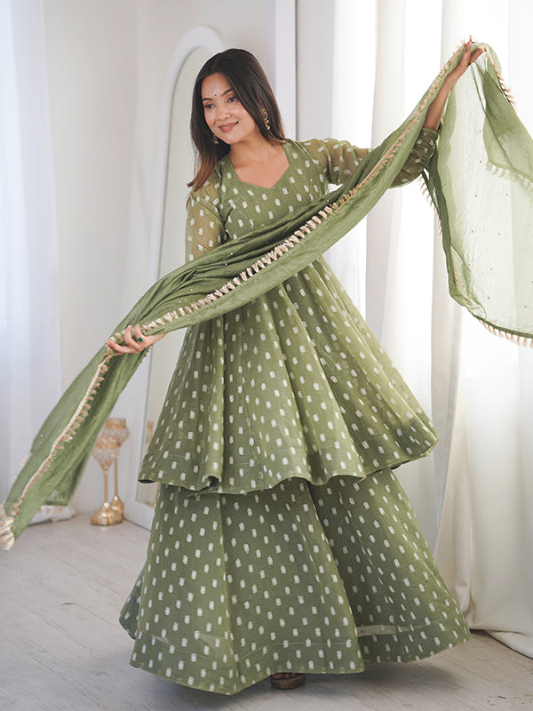 Pista Green Jacquard Butti Crunchy Silk Flared Sharara With Dupatta