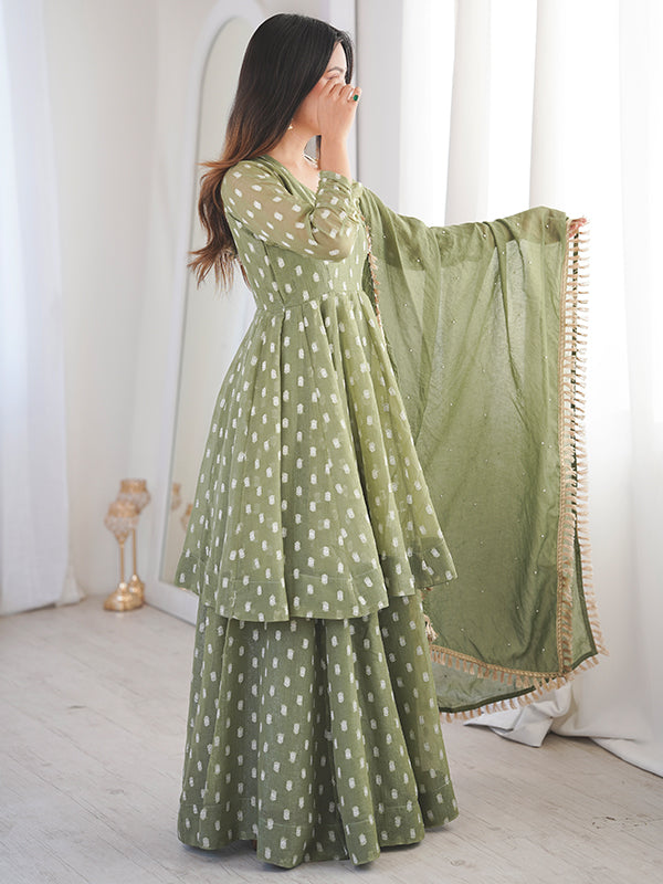 Pista Green Jacquard Butti Crunchy Silk Flared Sharara With Dupatta