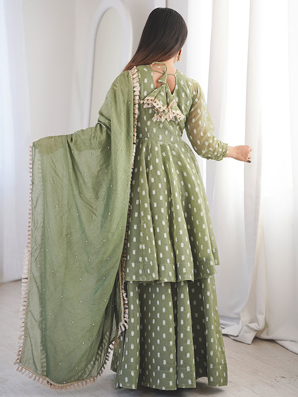 Pista Green Jacquard Butti Crunchy Silk Flared Sharara With Dupatta
