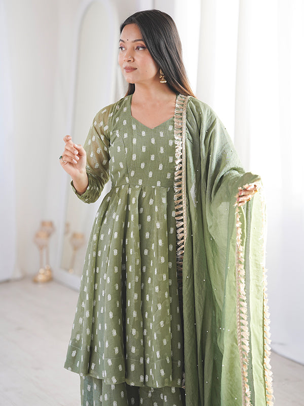 Pista Green Jacquard Butti Crunchy Silk Flared Sharara With Dupatta