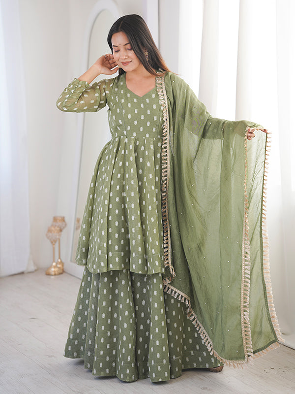 Pista Green Jacquard Butti Crunchy Silk Flared Sharara With Dupatta