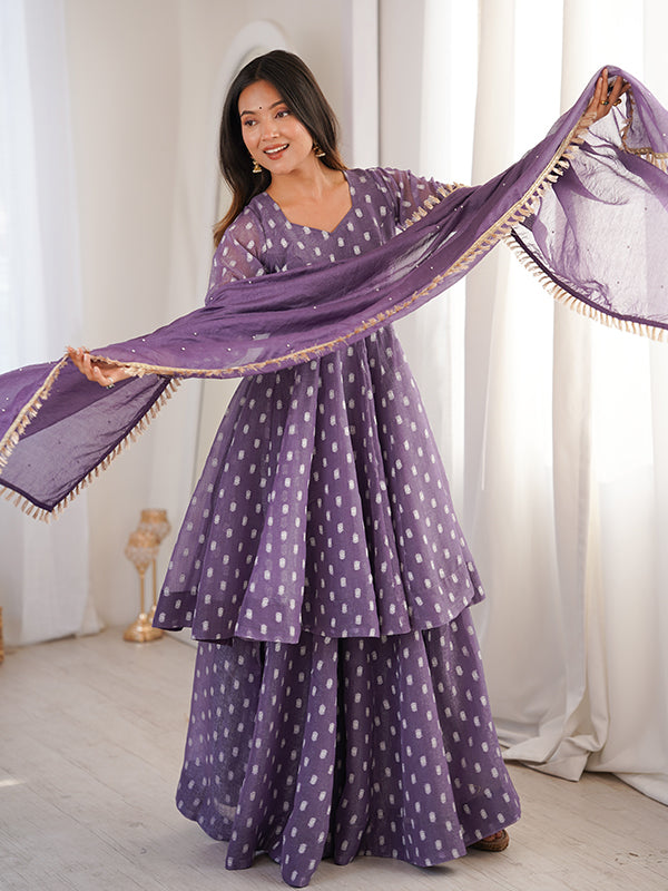 Purple Jacquard Butti Crunchy Silk Flared Sharara With Dupatta