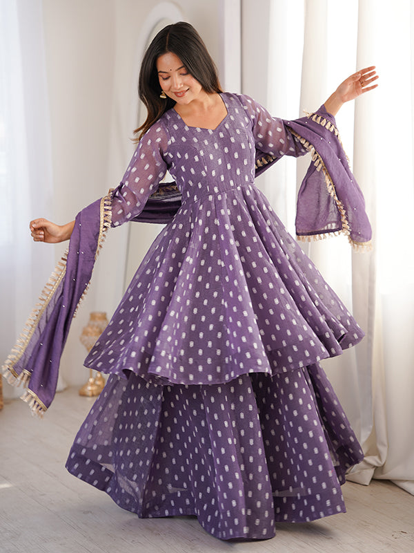 Purple Jacquard Butti Crunchy Silk Flared Sharara With Dupatta