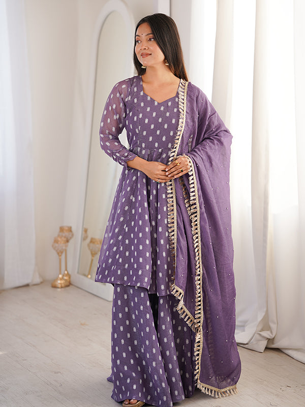 Purple Jacquard Butti Crunchy Silk Flared Sharara With Dupatta