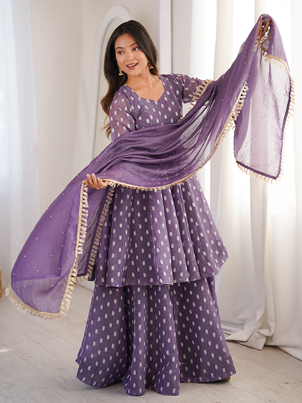 Purple Jacquard Butti Crunchy Silk Flared Sharara With Dupatta