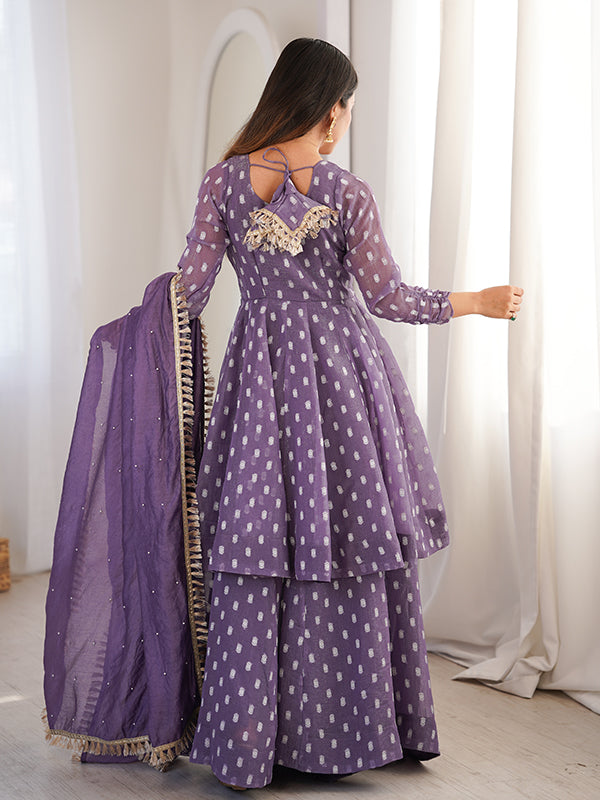 Purple Jacquard Butti Crunchy Silk Flared Sharara With Dupatta