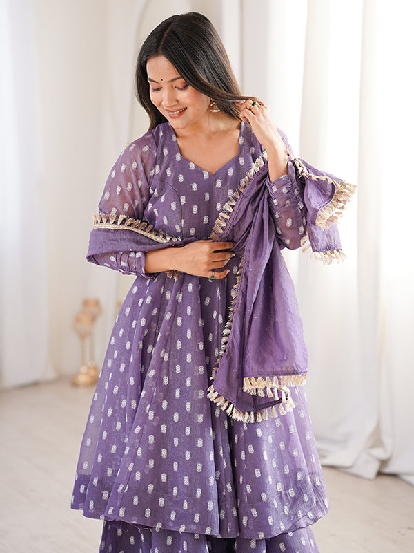 Purple Jacquard Butti Crunchy Silk Flared Sharara With Dupatta