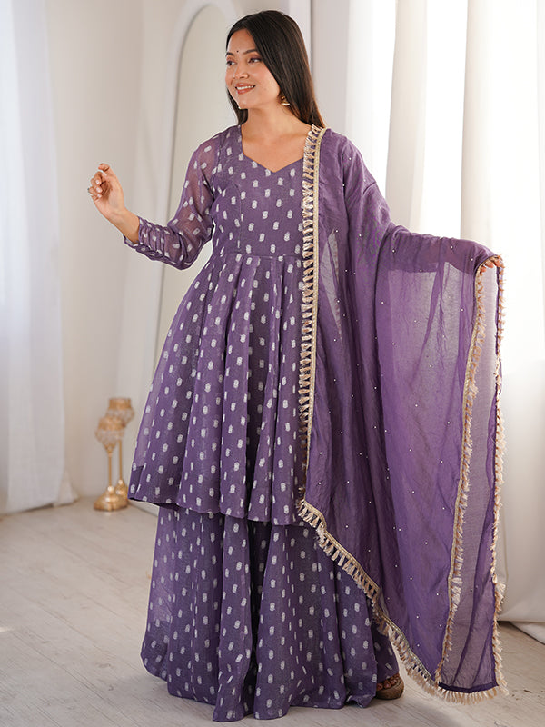 Purple Jacquard Butti Crunchy Silk Flared Sharara With Dupatta