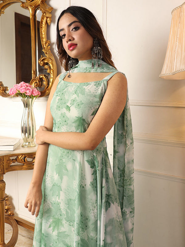 Pista Green Flower Printed Anarkali Suit Set
