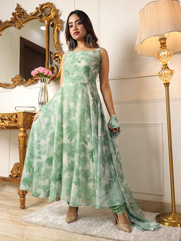 Pista Green Flower Printed Anarkali Suit Set