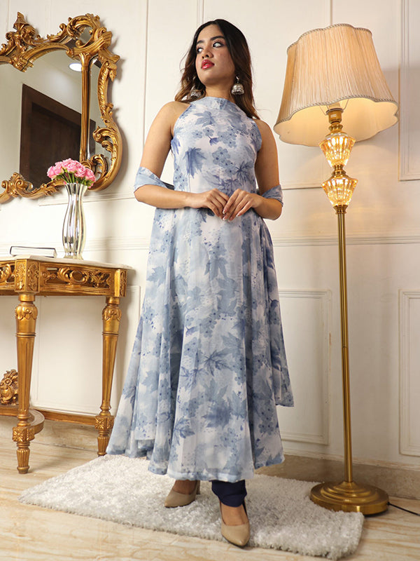 Blue Flower Printed Anarkali Suit Set