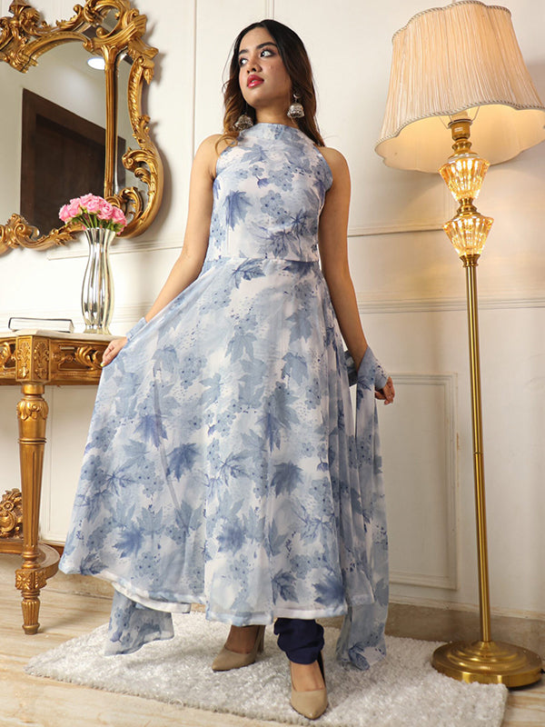 Blue Flower Printed Anarkali Suit Set