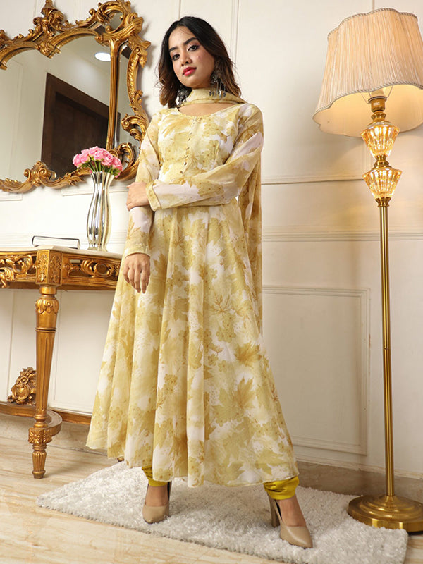Flower Printed Mustard Anarkali Suit Set