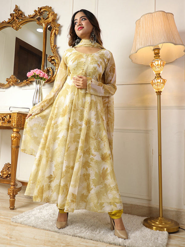Flower Printed Mustard Anarkali Suit Set