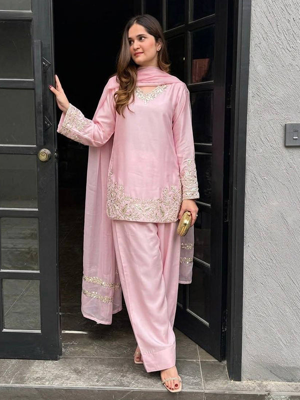 Light Pink Embroidery Sequence Work Natural Crep Silk Farshi Salwar Suit