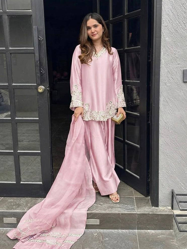 Light Pink Embroidery Sequence Work Natural Crep Silk Farshi Salwar Suit
