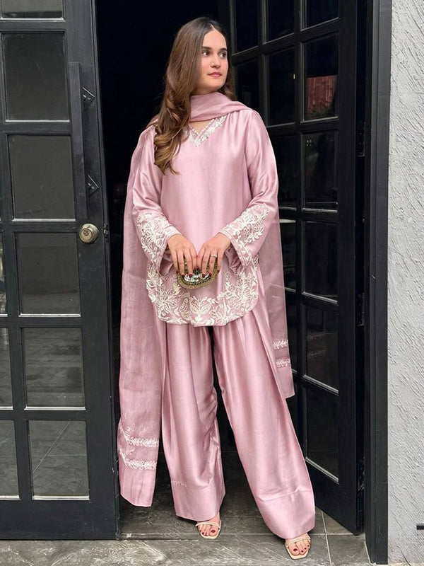 Light Pink Embroidery Sequence Work Natural Crep Silk Farshi Salwar Suit