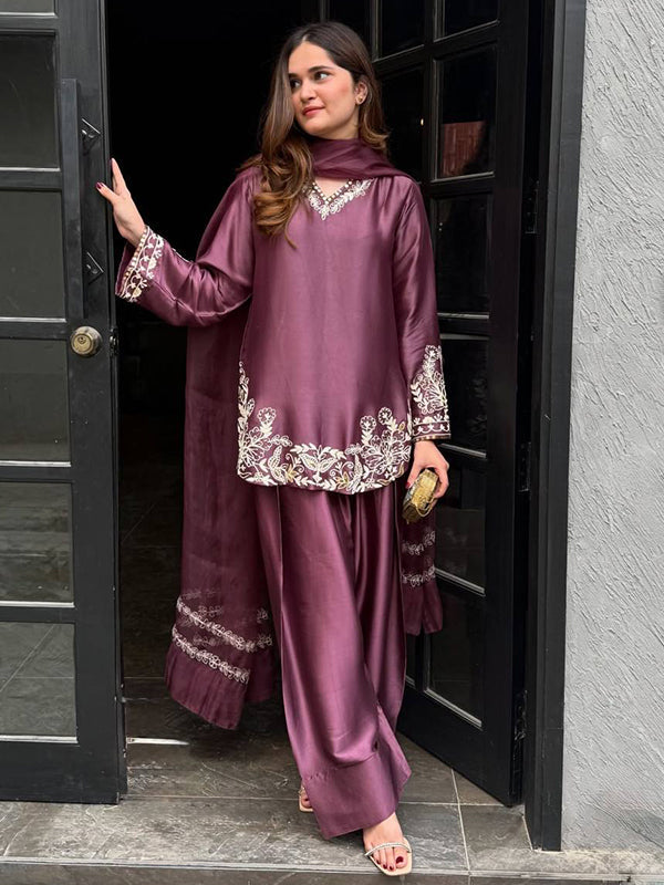 Wine Embroidery Sequence Work Natural Crep Silk Farshi Salwar Suit
